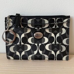 Coach Signature Zip Card Case Key Ring Black Gray Ivory Est 1941
